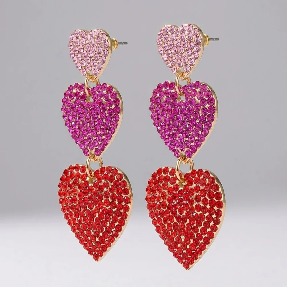 Multicolor Rhinestone Triple Tier Dangle Heart Earrings
